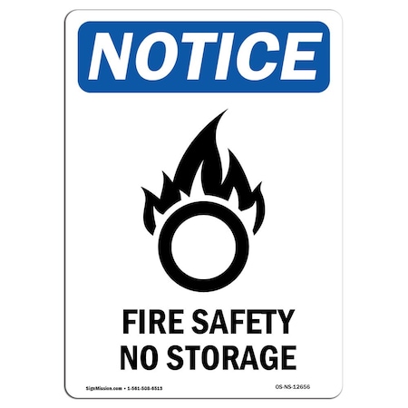 Signmission OSHA Sign, Fire Safety No Storage With Symbol, 14in X 10in Rigid Plastic, 10" W, 14" L, Portrait OS-NS-P-1014-V-12656